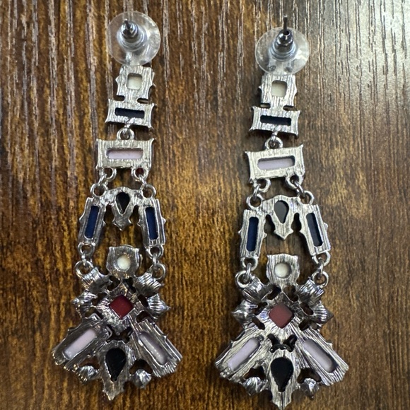 Silver Tone Blue Purple White Black Rhinestone Dangle Drop Earrings Statement - Picture 3 of 3